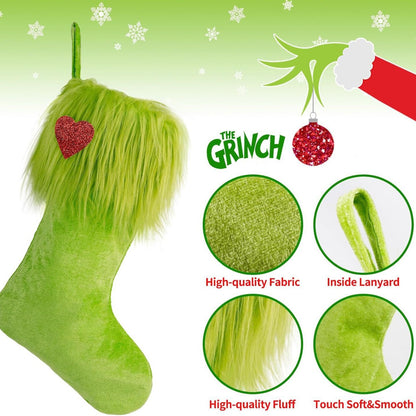 The Grinch-themed green Christmas stocking with high-quality fabric, fluffy cuff, and inside lanyard