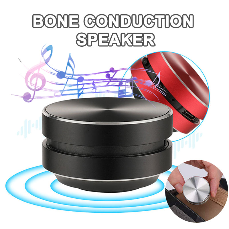 Compact black bone conduction speaker with musical notes and close-ups of red speaker edge and hand pressing button