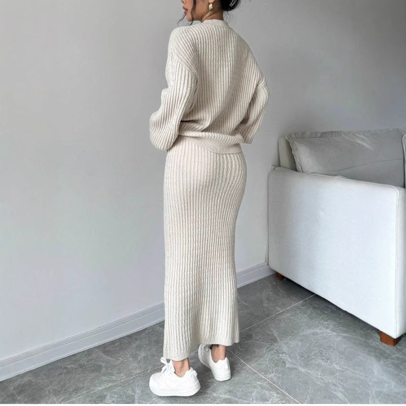 Women's Sweater Skirt Set - Casual Solid Color Two Piece Apricot Cardigan & Midi Skirt