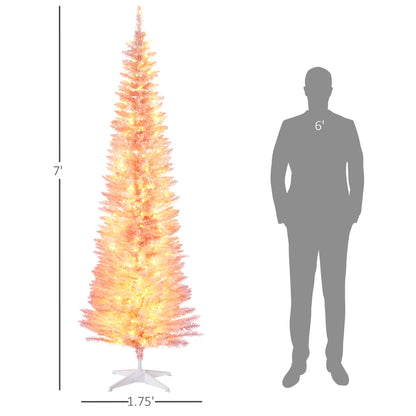 7-foot slim pink artificial Christmas tree with warm white lights and white stand