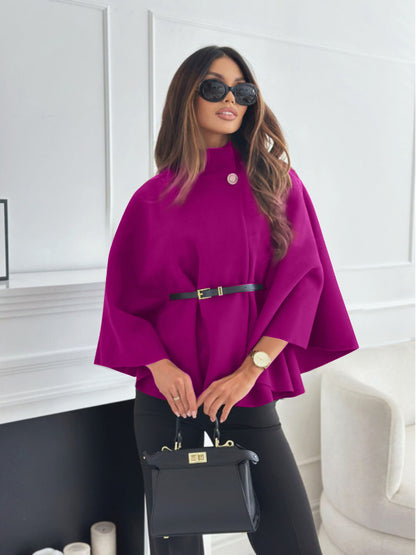Stand Collar Cloak - Batwing Sleeve Jacket With Belted Woolen Sweater Outwear