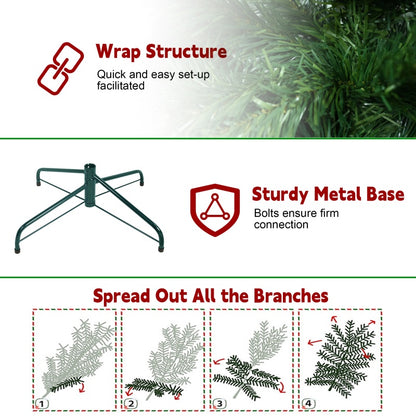 Christmas tree set-up guide showing wrap structure, sturdy metal base, and how to spread branches