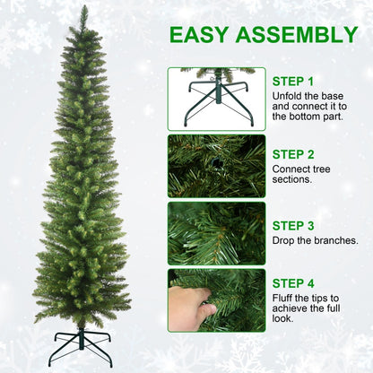 Slim artificial Christmas tree with metal stand and step-by-step easy assembly instructions