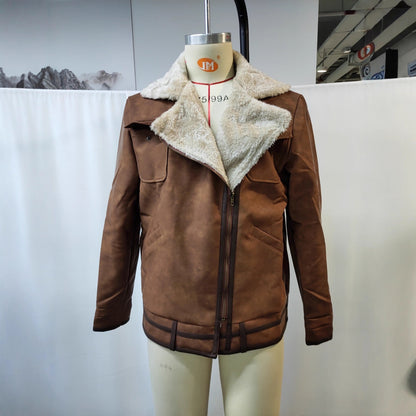 Brown suede shearling jacket with cream fur collar on mannequin against white backdrop