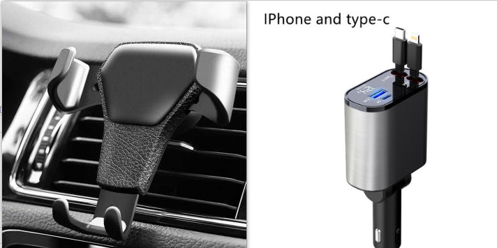 Car air vent phone holder with gravity clamp and dual USB car charger with iPhone and Type-C cables