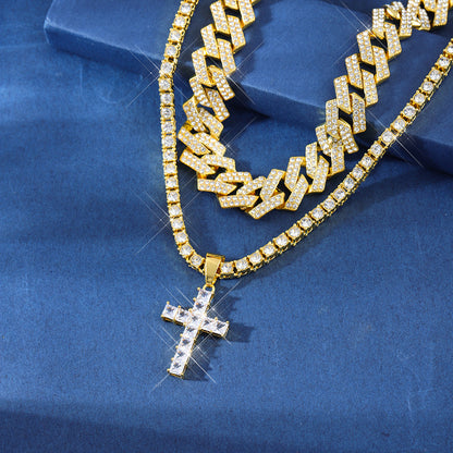 Cross Pendant Necklace | Cuban Link Chain Iced Out Rhinestone Jewelry For Men & Women