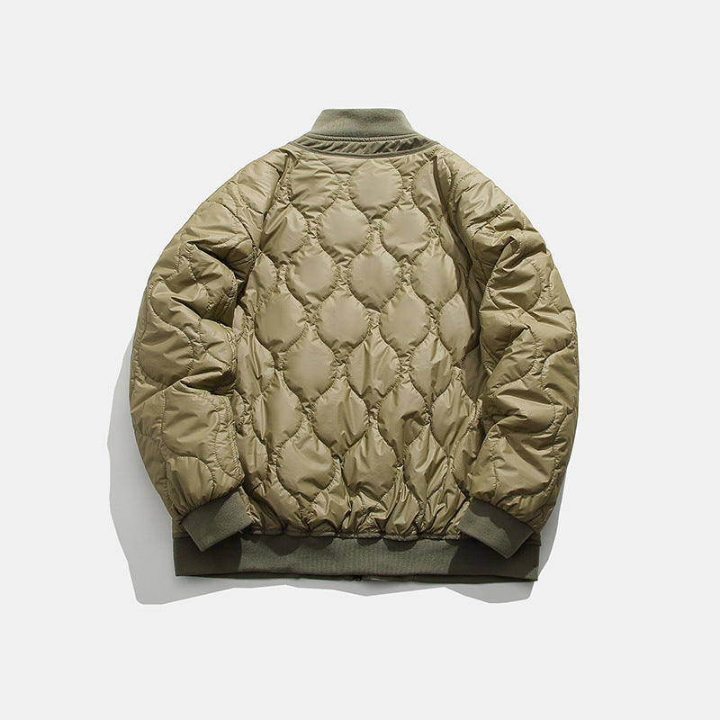 Khaki quilted bomber jacket with diamond pattern stitching and ribbed cuffs and hem