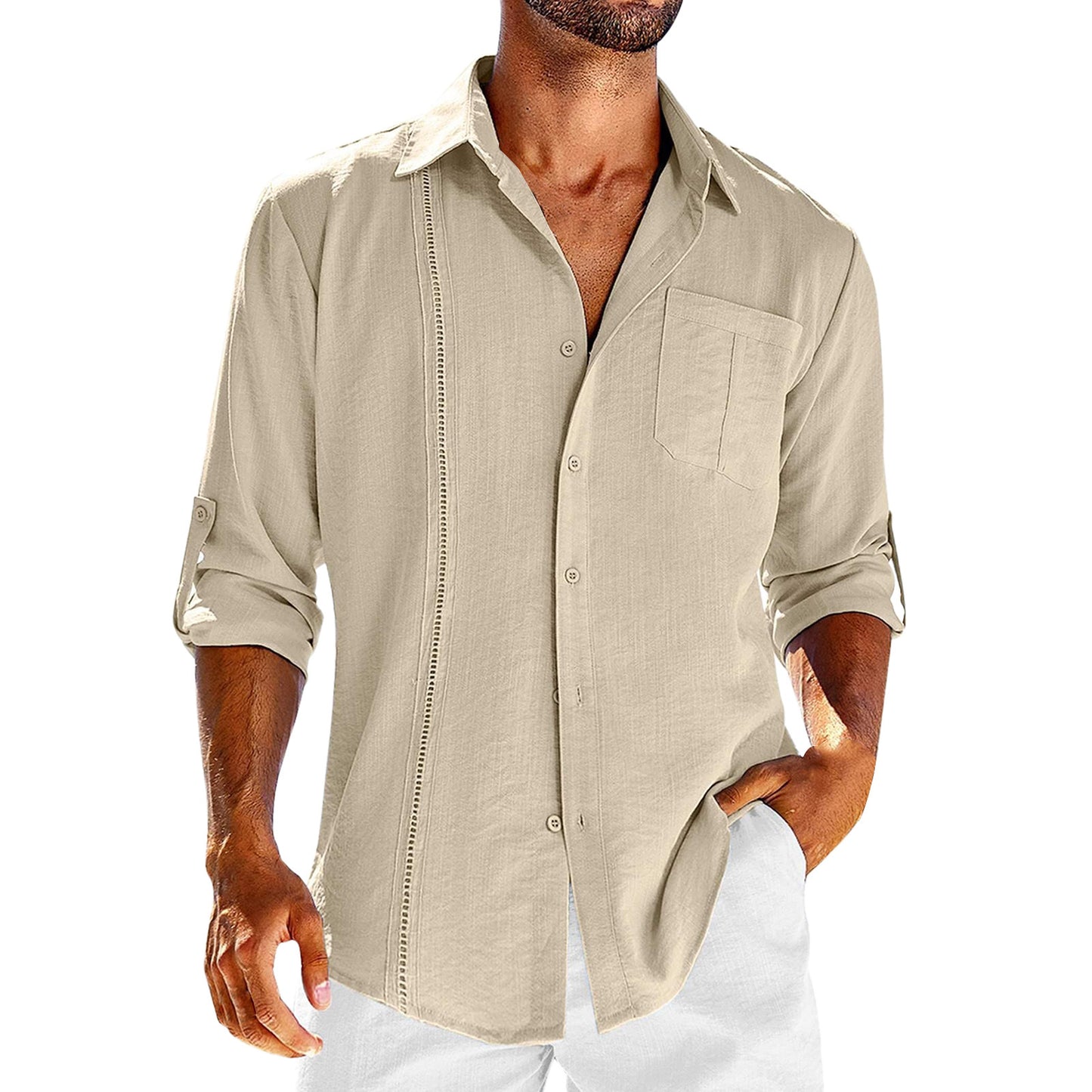 Long Sleeve Shirt With Pocket Lace Collar | Men's Casual Cotton Blend Polo