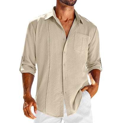 Long Sleeve Shirt With Pocket Lace Collar | Men's Casual Cotton Blend Polo