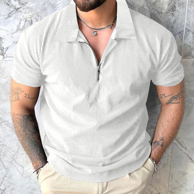 Men's Zipper Polo Shirt - Short Sleeve Solid Color Polyester Casual Top