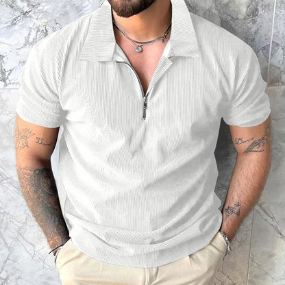 Men's Zipper Polo Shirt - Short Sleeve Solid Color Polyester Casual Top