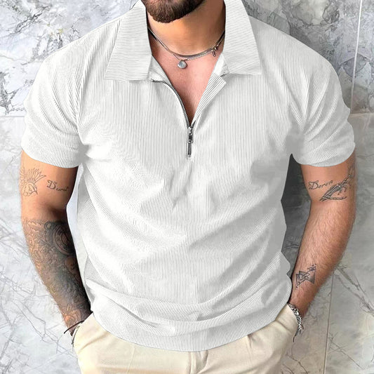 Men's Zipper Polo Shirt - Short Sleeve Solid Color Polyester Casual Top