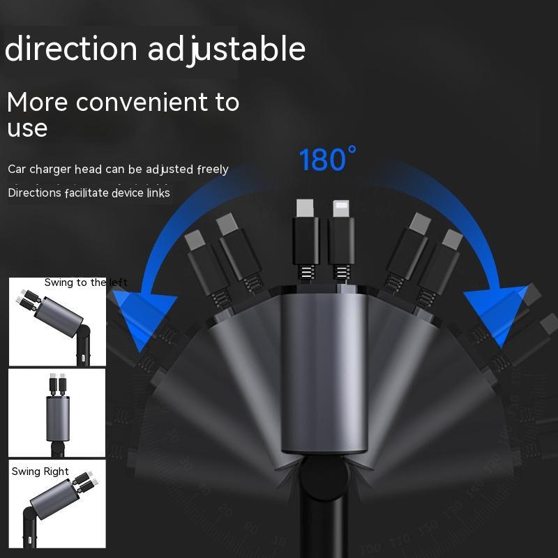 Adjustable car charger head swinging 180 degrees left and right for easy device connections