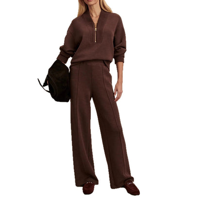 Casual Two-Piece Suit – Women's Knitting Zipper Jacket & Pants Set