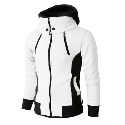 White and black zip-up hoodie with high collar, two vertical zip pockets, and fitted cuffs