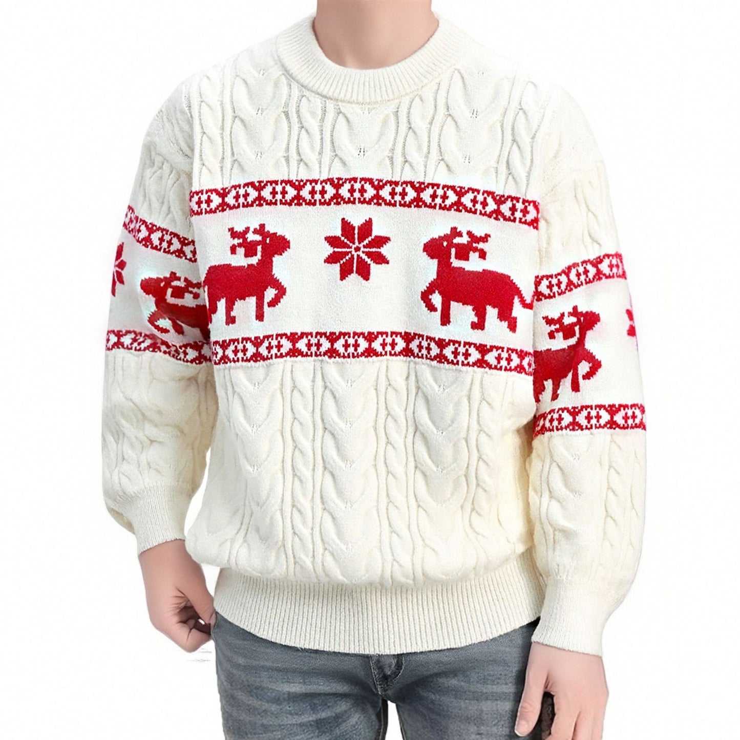 White cable knit Christmas sweater with red reindeer and snowflake pattern