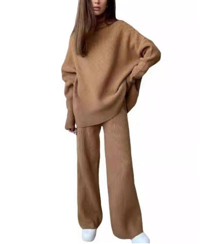 Knitted Tracksuit Set - Women's Two Piece Clothing With Turtleneck Sweater & Pants