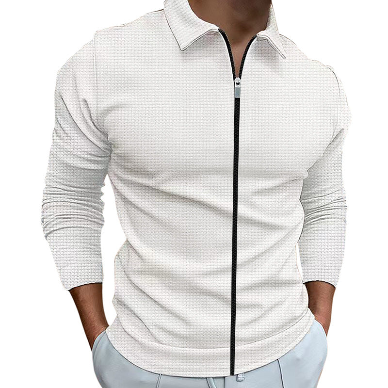 Men's Zipped Jacket Waffle Style Slim Fit Outdoor Sports Top With Lapel Collar