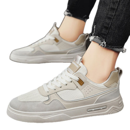 Men's Fashion Shoes | Versatile White Leather Board Sneakers Mid Heel