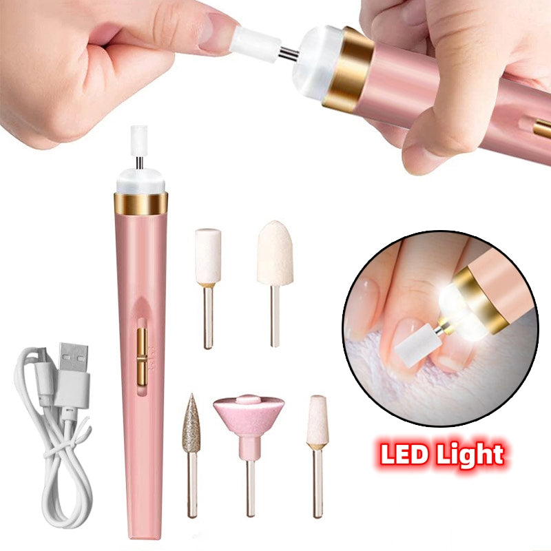 pink electric nail drill kit with 6 drill bits, USB cable, and LED light for manicure