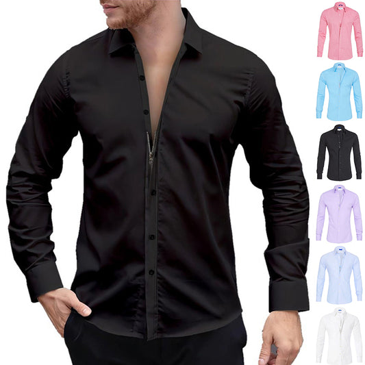 Long Sleeve Zipper Shirt | Slim Fit Cotton Men's Lapel Tops With Button Design