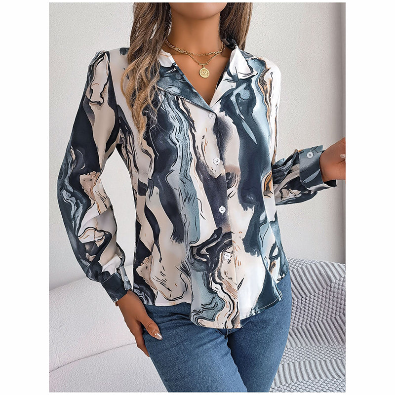 Printed Button Down Shirt - Women's Fall Tops With V Neck & Long Sleeves