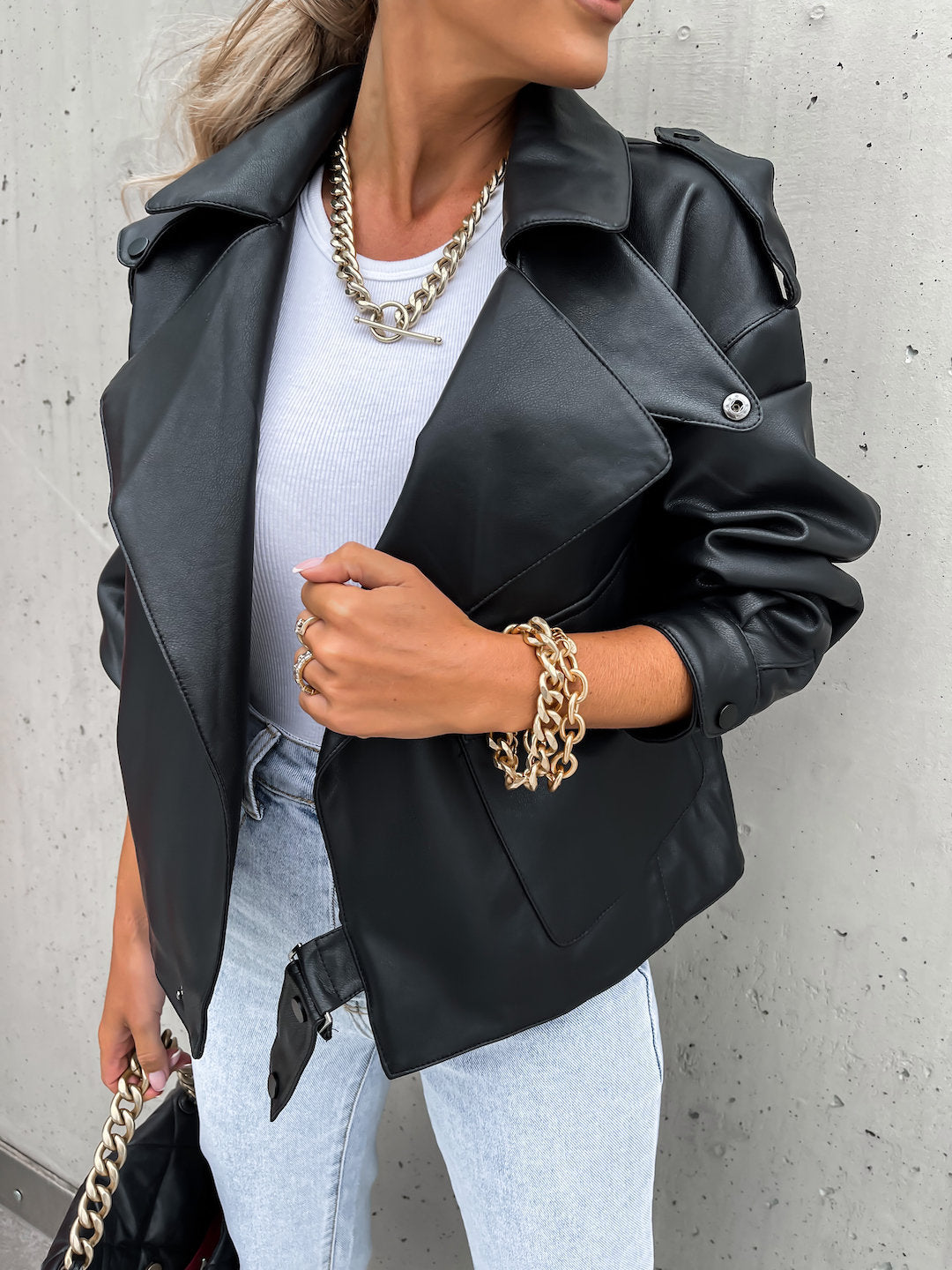 Women PU Leather Jacket | Loose Top Coat | Lapel Collar Imitation Leather