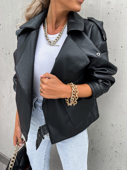 Women PU Leather Jacket | Loose Top Coat | Lapel Collar Imitation Leather