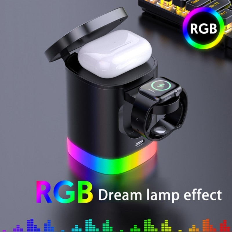 Black cylindrical wireless charging station with RGB light base, charging Apple Watch and AirPods