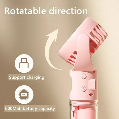 Pink portable handheld fan with rotatable head, USB charging, and 800mAh battery capacity