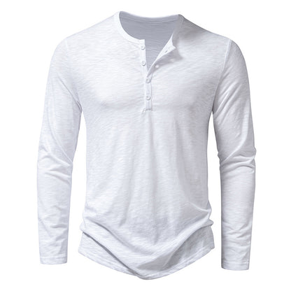 Men's white long sleeve henley shirt with button placket collar on white background