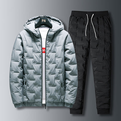 Men's Down Jacket - Autumn Winter Suit Set With Hooded Padded Coat And Pants