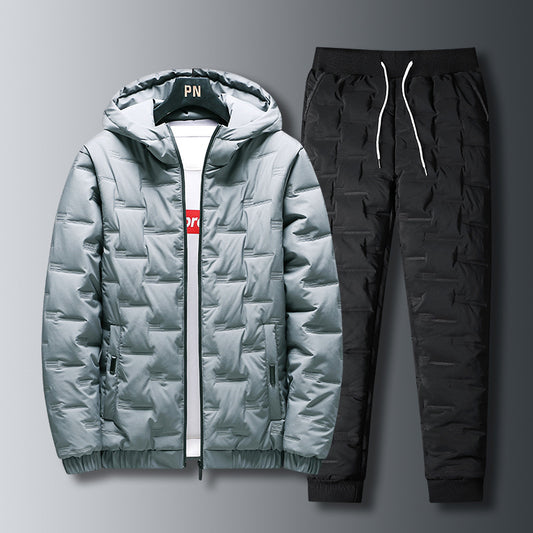 Men's Down Jacket - Autumn Winter Suit Set With Hooded Padded Coat And Pants