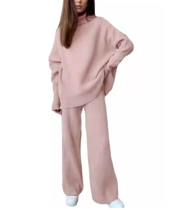 Knitted Tracksuit Set - Women's Two Piece Clothing With Turtleneck Sweater & Pants