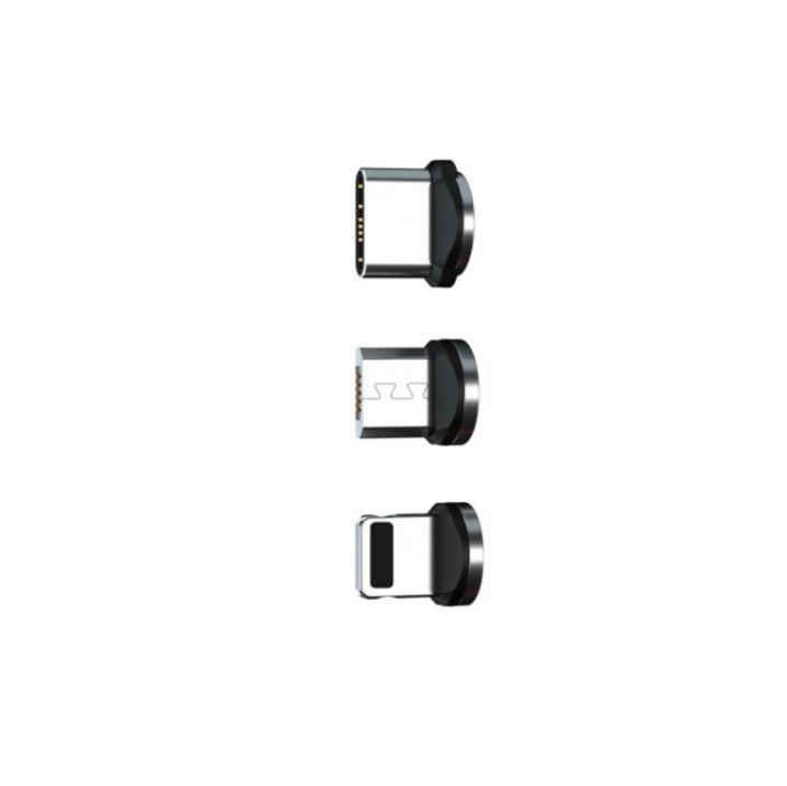Three black and silver magnetic charging cable adapters with USB-C, micro USB, and Lightning connectors on white background