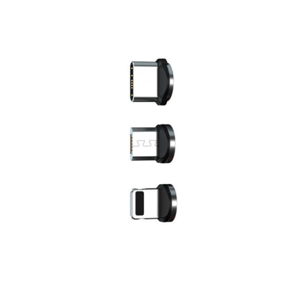 Three black and silver magnetic charging cable adapters with USB-C, micro USB, and Lightning connectors on white background