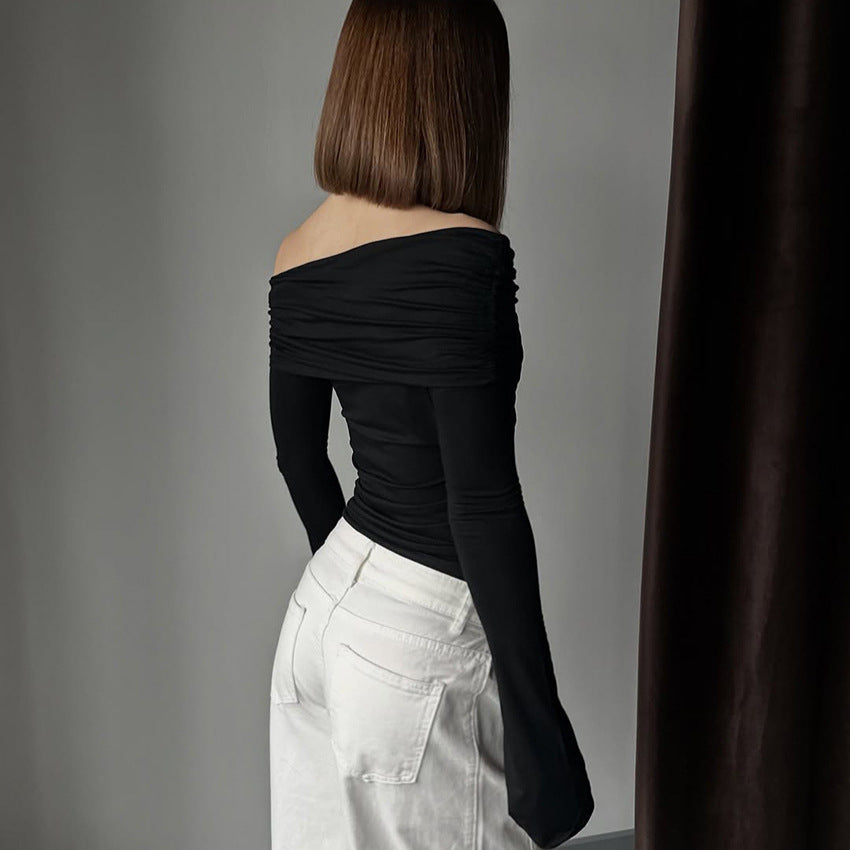 American-style Spicy Girl Design Off-shoulder Irregular Long-sleeve Tight Top