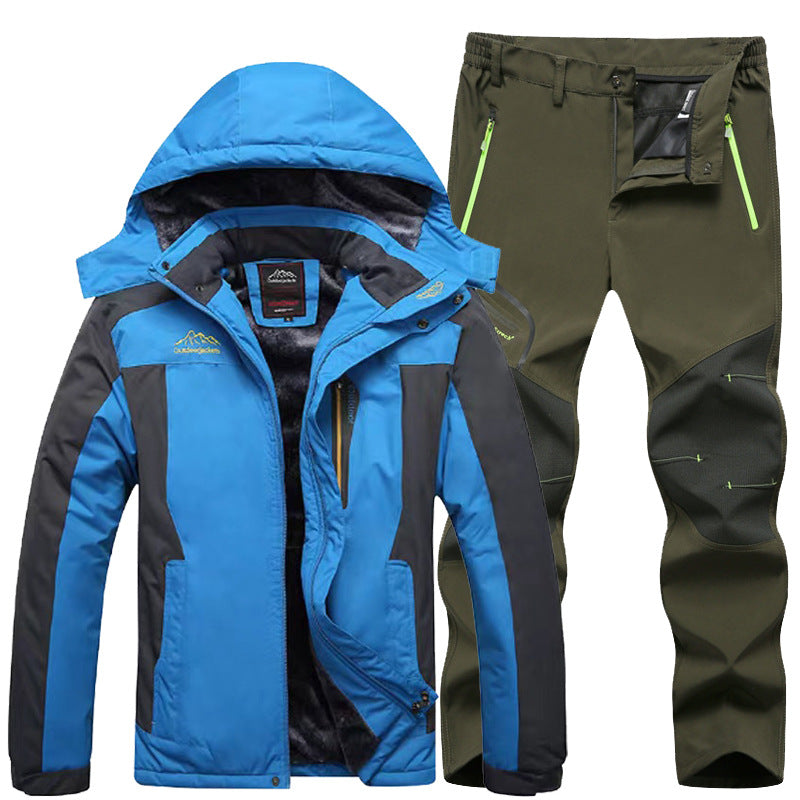 Blue and black waterproof winter jacket with hood and olive green outdoor pants with zipper pockets