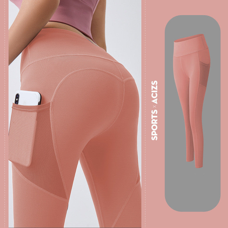 Close-up of pink sports leggings with side pocket holding a phone, designed for active wear