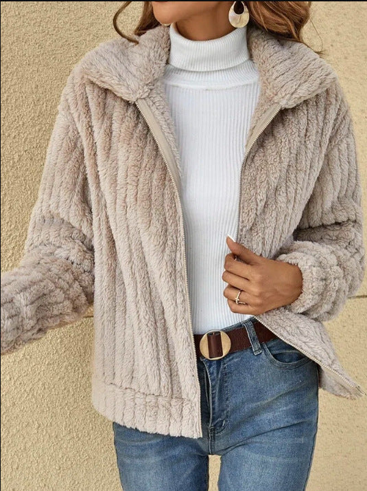 Fleece Cropped Jacket – Women's Warm Winter Coat With Lapel Collar