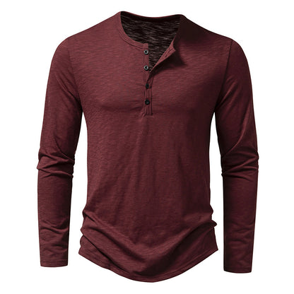 Men's long sleeve maroon henley shirt with buttoned placket and soft fabric texture