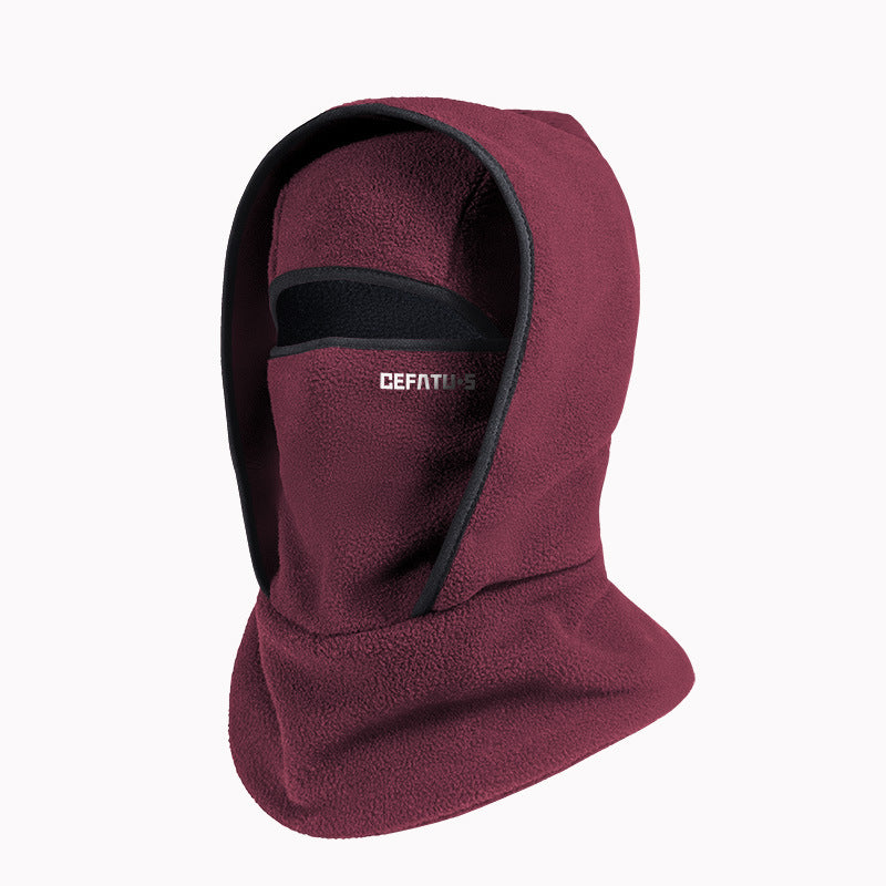 maroon fleece balaclava with black trim and white brand logo front view