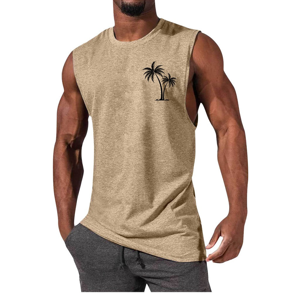 Men's Workout Tank Top - Summer Fitness Vest With Coconut Tree Embroidery