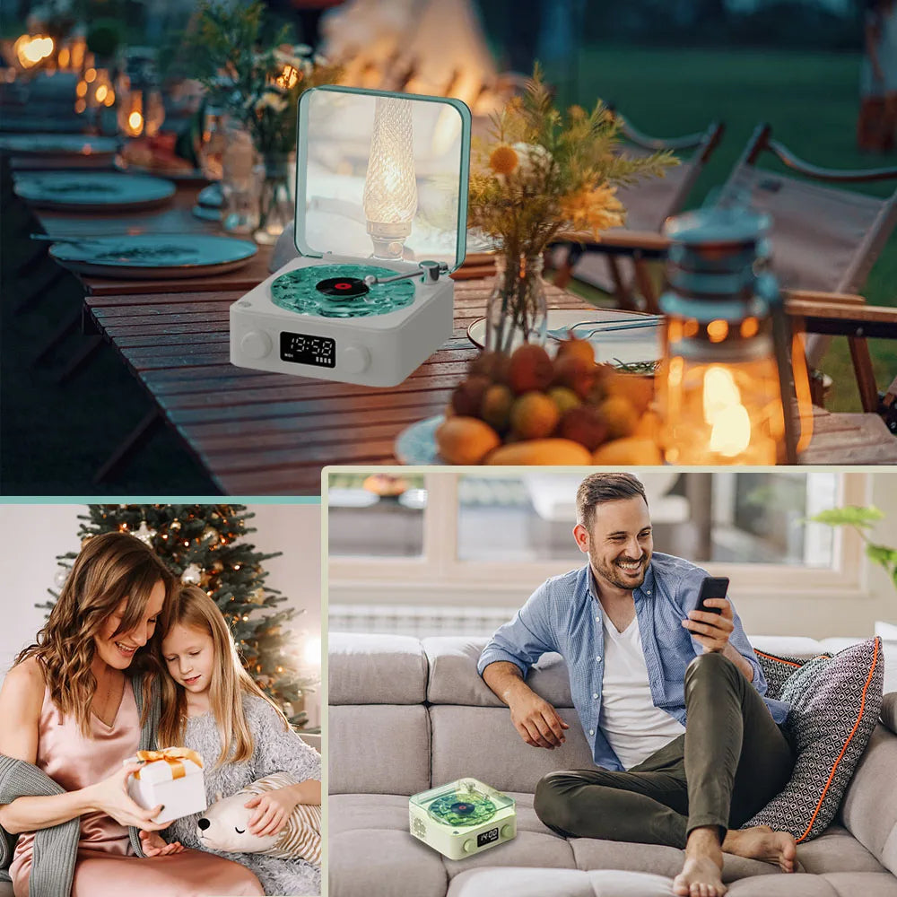 Compact record player with clock on a wooden table at outdoor dinner and indoor cozy family moments