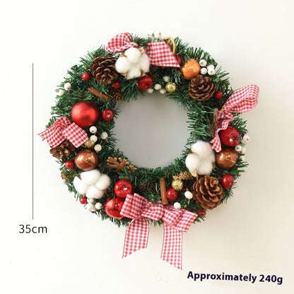 35cm Christmas wreath decorated with red and gold ornaments, pinecones, cotton, white berries, and red gingham bows