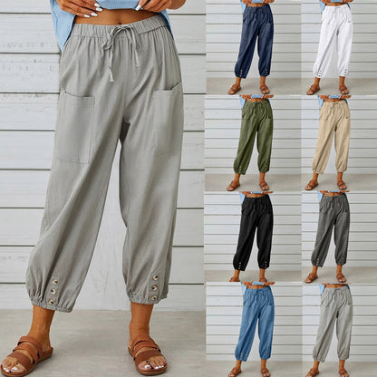 Cotton Linen Pants - Women's Drawstring Waist Trousers With Pockets & Buttons