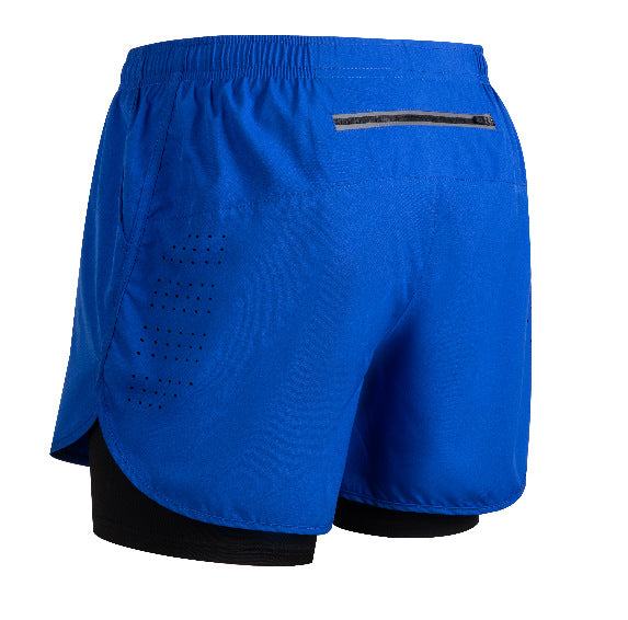 Blue athletic running shorts with black inner lining and zippered back pocket