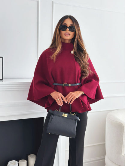 Stand Collar Cloak - Batwing Sleeve Jacket With Belted Woolen Sweater Outwear