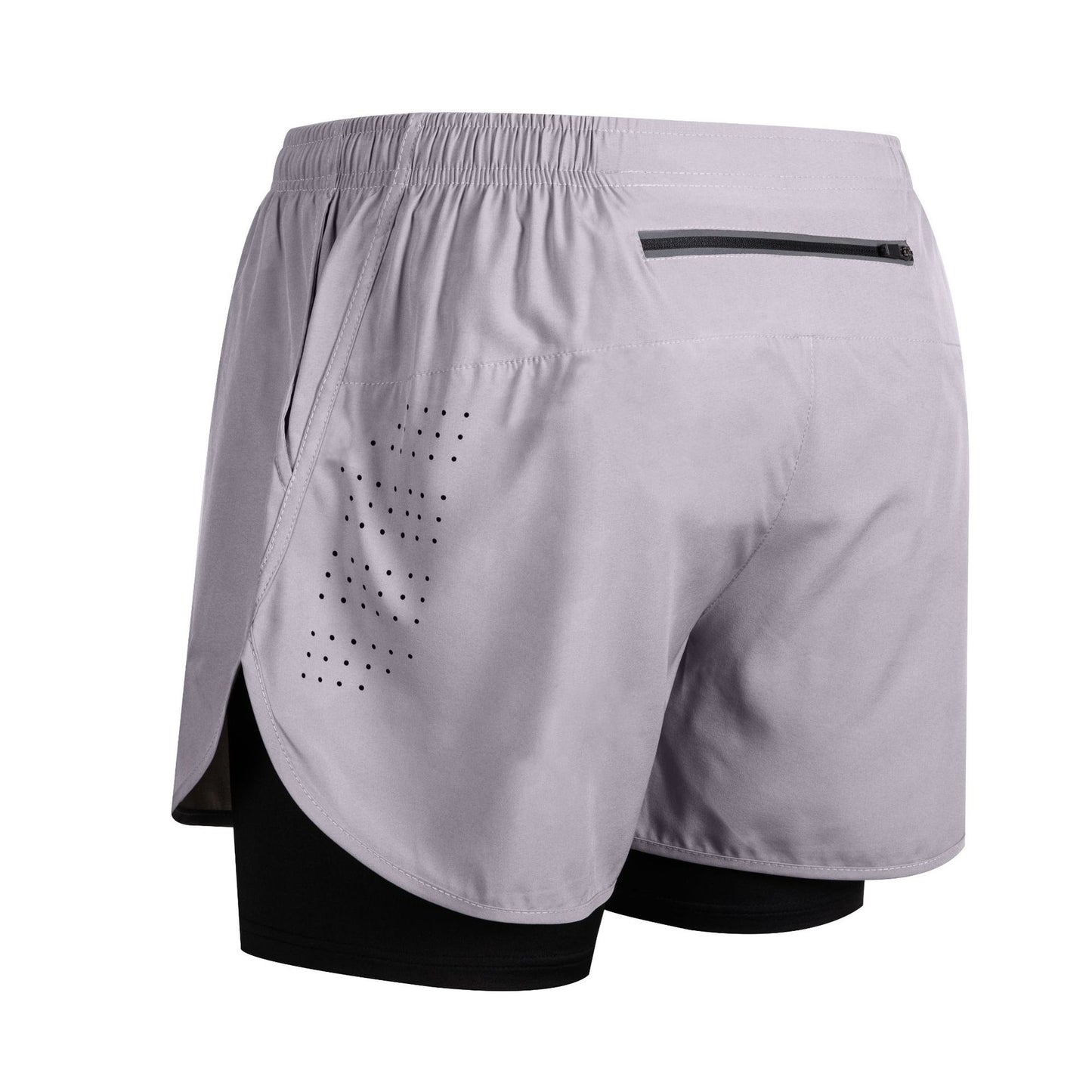 Light purple men's running shorts with black inner compression, side ventilation holes, and back zipper pocket