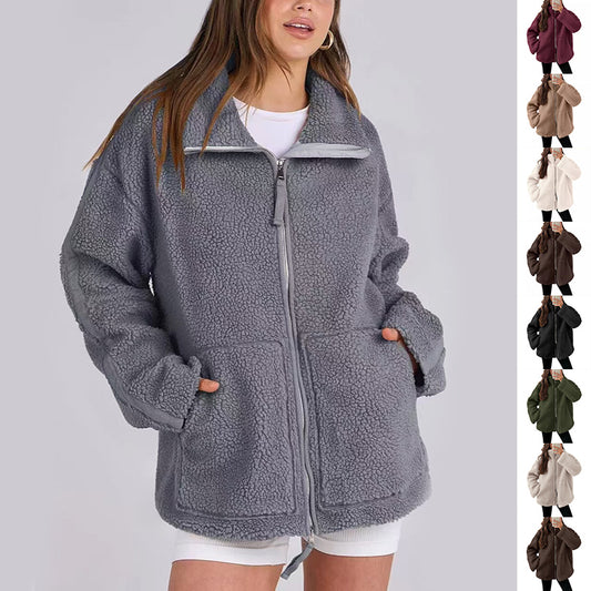 Winter Zip-Up Coat With Pockets - Women's Fleece Jacket, Casual Lapel Style